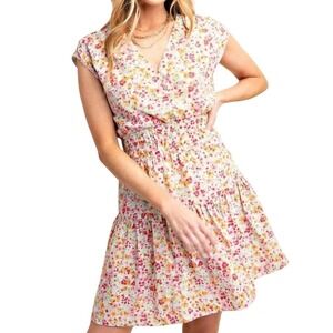 Kori Sage Combo Dress Mini‎ Elastic Shirring V-Neck Sleeveless Lined Floral